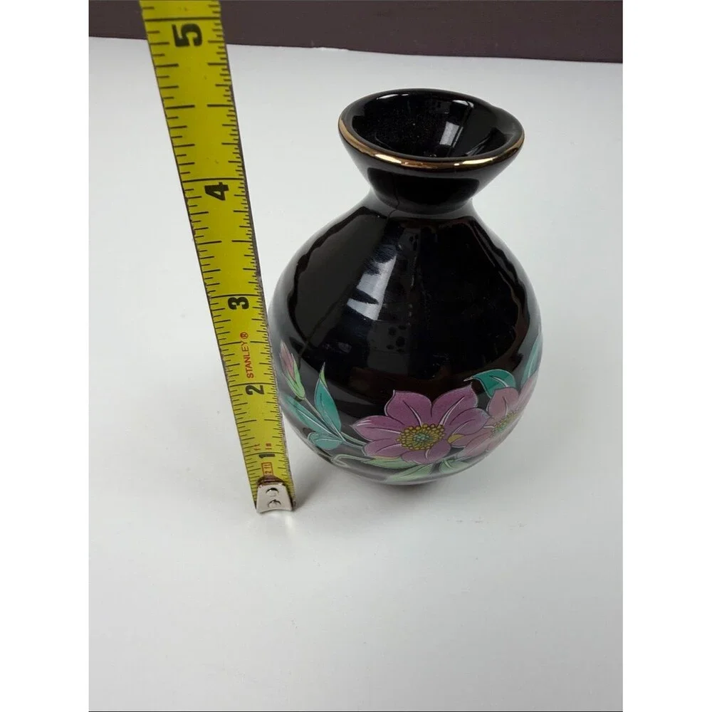 Vintage Black Floral Bud Vase Japan Hand Painted Pink Flowers Gold Trim Ceramic